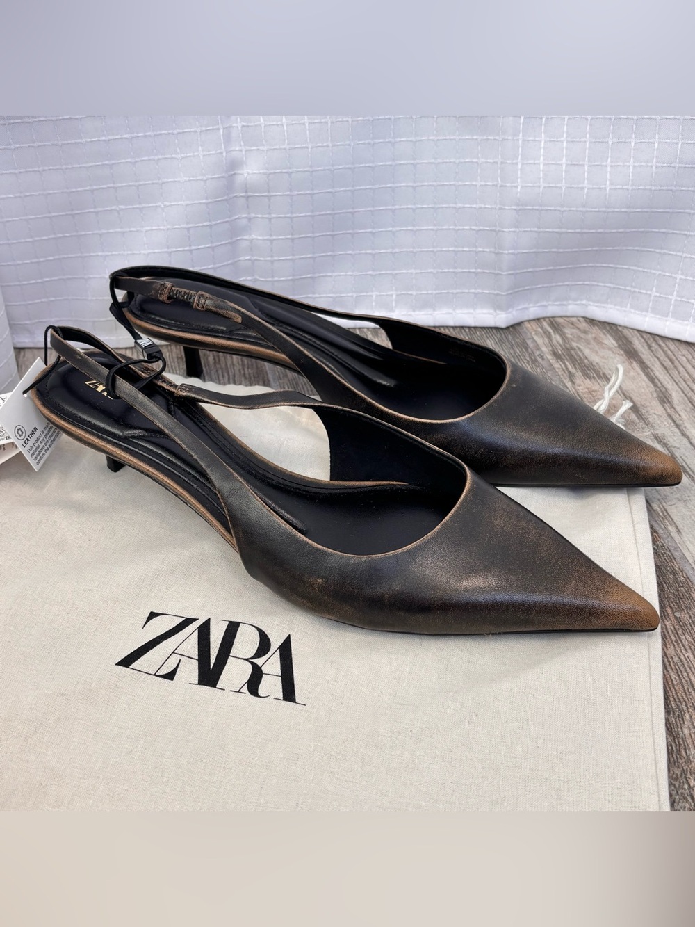 Zara Kitten Heel Pointed Toe Distressed Black Brown Slingback Shoes Womens 10